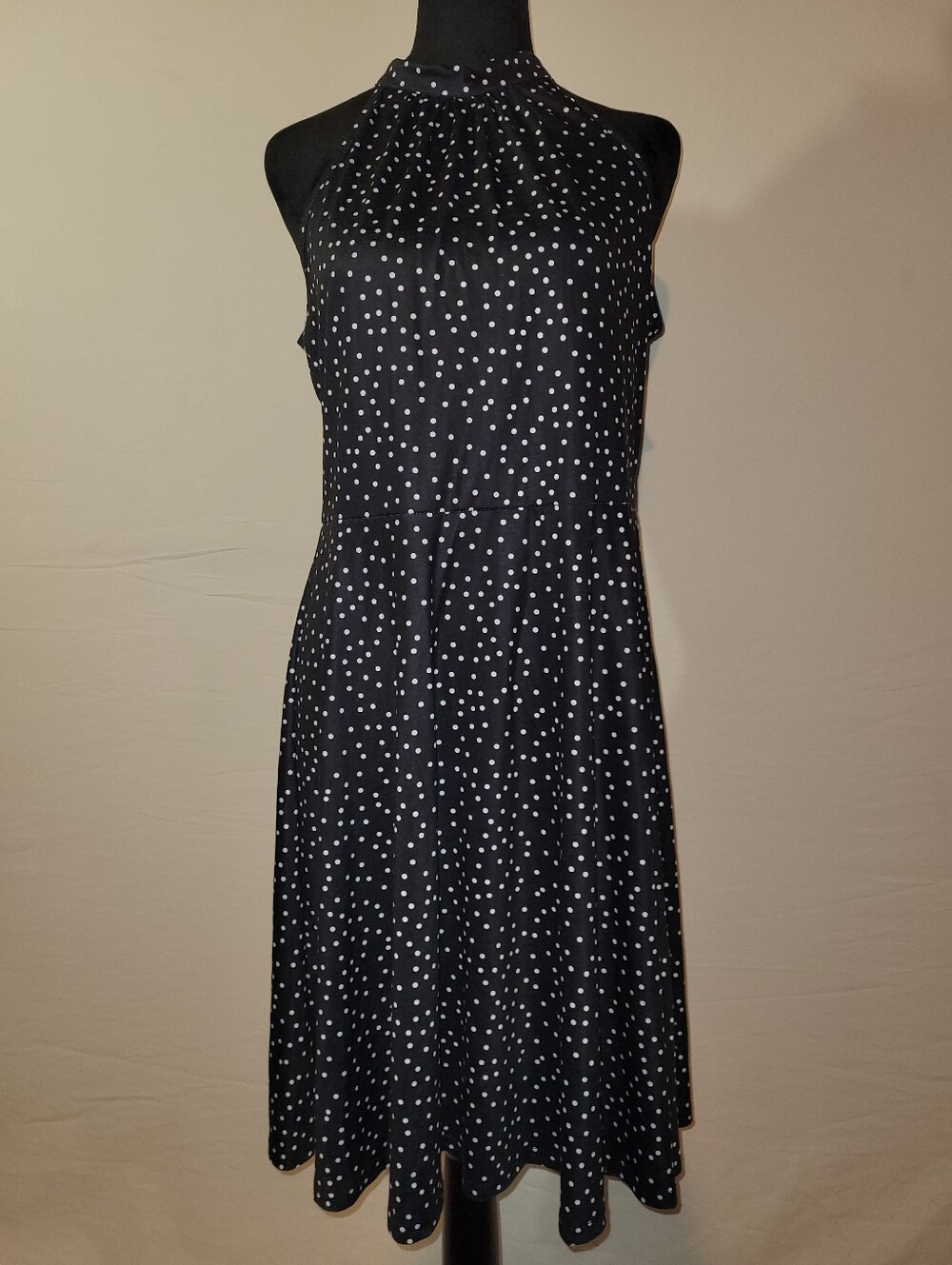 Black Polka Dot Halter Midi Dress, L